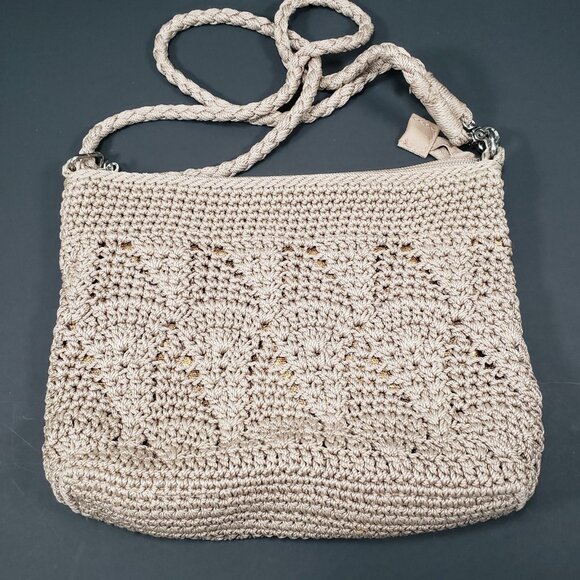 The SAK Crochet Hobo Purse Handbag Woven Bag Tan Crossbody Pockets Zip - Picture 2 of 10